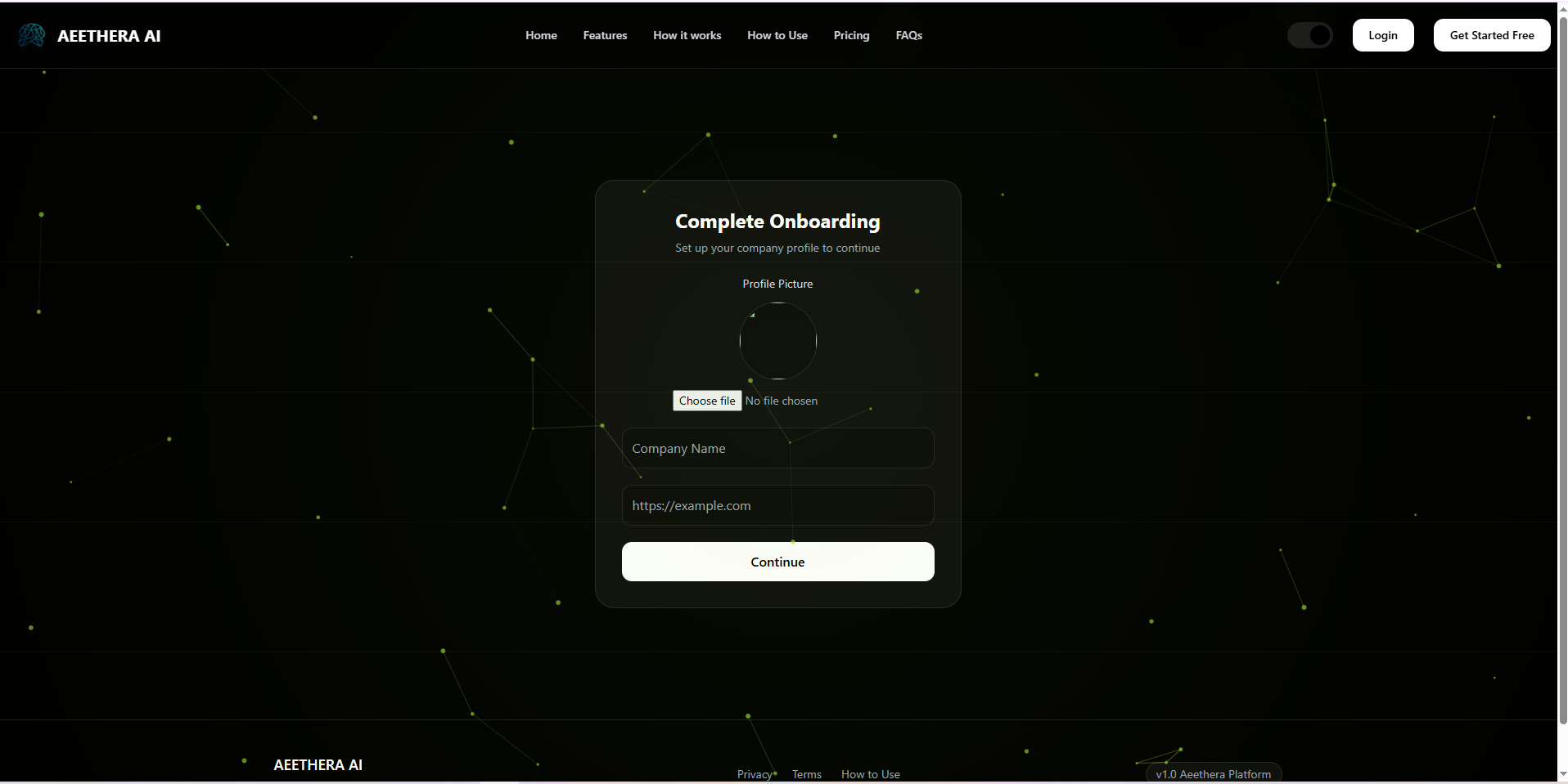 Company onboarding page