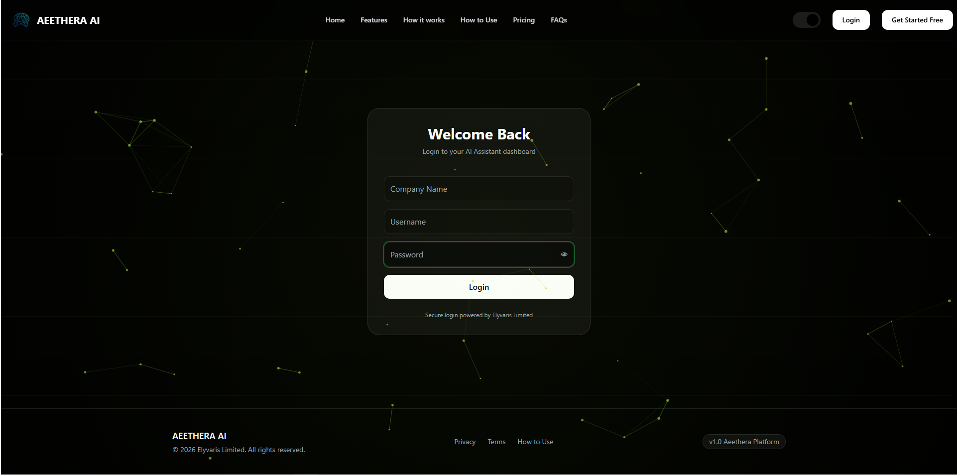Login button on Aeethera homepage