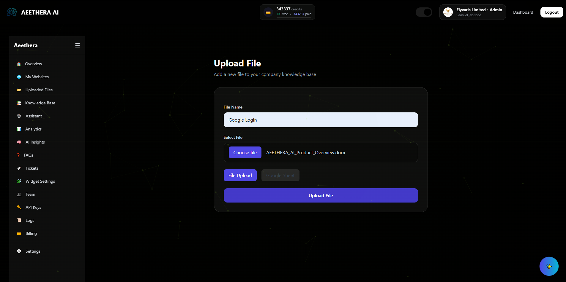 Login button on Aeethera homepage